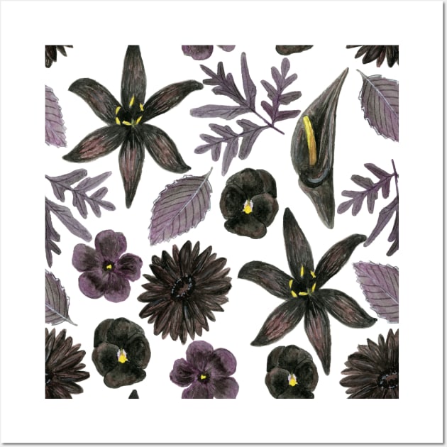 Black Watercolor Floral Pattern Wall Art by paintedpansy